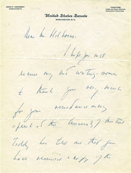 President John F. Kennedy Signed & Hand Written Letter On U.S. Senate Letterhead (Beckett)